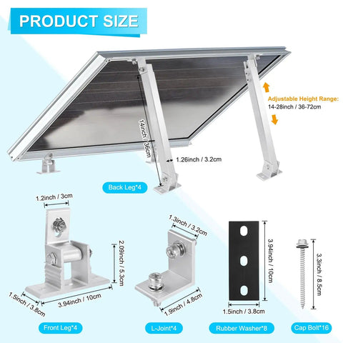 Adjustable Solar Panel Tilt Mount Brackets Kit Aluminum Alloy For Roof RV Boat Wall And Off Grid Camping Fits 50W To 400W Panels With sizes and components shown.