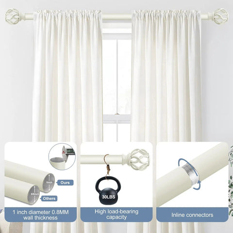 White Farmhouse Curtain Rod With Dope Vintage Twist Finials, Adjustable From 36 To 88 Inches, displayed with curtains