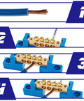 Brass Terminal Bus Bar 4 Position Blue Set Of 5 With Polycarbonate Shell High Strength And Wear Resistant For Distribution Box Use M4 Screw Size Compact 71 By 15 By 21 Mm, 4-position brass bus bar with blue shell