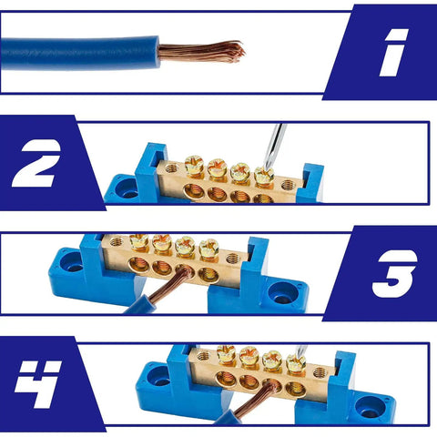 Brass Terminal Bus Bar 4 Position Blue Set Of 5 With Polycarbonate Shell High Strength And Wear Resistant For Distribution Box Use M4 Screw Size Compact 71 By 15 By 21 Mm, 4-position brass bus bar with blue shell