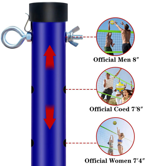 Height adjustable pole with settings for official men's, coed, and women's levels for Portable Backyard Volleyball Set With Durable Net All Weather Construction Includes Pump Wrap Yarn Volleyball Boundary Lines Carry Bag Classic Blue Green Easy Setup For Instant Play.