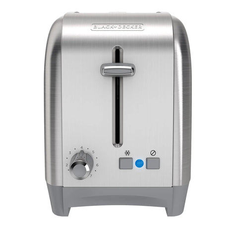 Two Slice Extra Wide Slot Toaster With Self Centering Guides Seven Shade Settings No Fuss Easy Clean Crumb Tray One Touch Frozen And Cancel Classic Stainless Steel Design For Quick Even Toast Everyday, front view of control panel and slots.