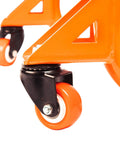 Close-up of caster wheels on Universal Adjustable Rear Paddock Stand For Motorcycle With Swingarm Rest 360 Degree Dismantlable Beefy Heavy Duty Steel