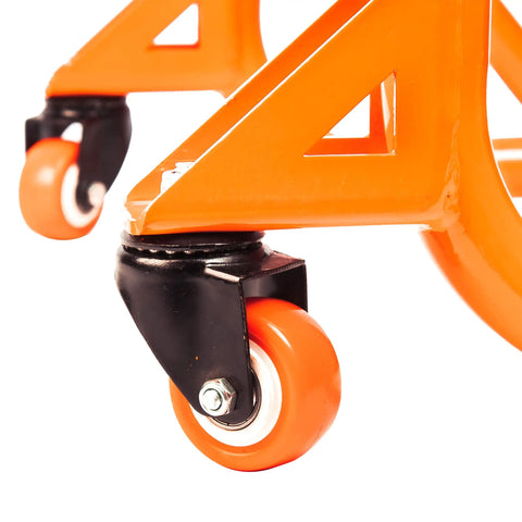 Close-up of caster wheels on Universal Adjustable Rear Paddock Stand For Motorcycle With Swingarm Rest 360 Degree Dismantlable Beefy Heavy Duty Steel