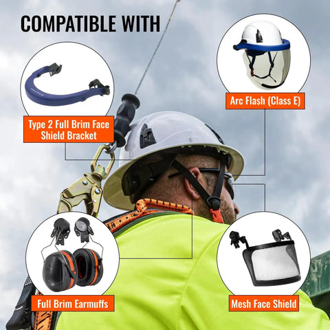 Worker wearing All Around Type 2 Class E Full Brim Non Vented Safety Hard Hat With 20kV Rating, shown with compatible accessories.