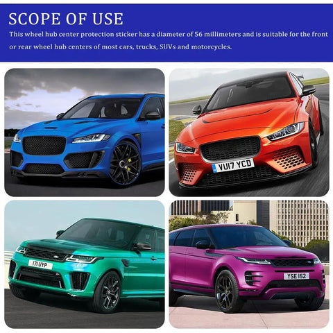 Upgrade Your Daily Ride With These Sick 56MM Aluminum Wheel Center Caps Set on blue, orange, green, and purple vehicles.