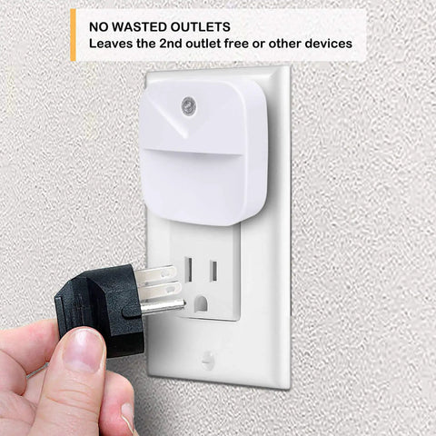 Glare Free Plug In LED Night Light With Dusk To Dawn Sensor in wall socket, showing space for additional plug, Warm White Glow, 6 Pack