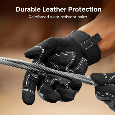 Close-up of Heavy Duty Mechanic Work Gloves With 8mm Padded Knuckles and Synthetic Leather Palm gripping metal cable.