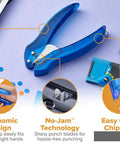 Blue hole punch with ergonomic grip and no-jam technology, EZ Squeeze Hole Punch For Crafting And School Projects 3 Pack Single Hole Punch