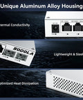 Close-up of Six Port 2.5G Easy Web Managed Switch with Aluminum Alloy Housing showing ports, focusing on cooling and heat dissipation.