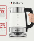 Side view of a 1.7L Electric Kettle For Tea And Water With Borosilicate Glass Body And Stainless Steel Water Path, held by a hand