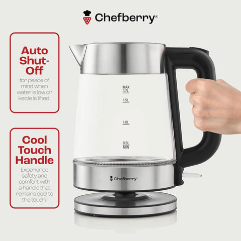 Side view of a 1.7L Electric Kettle For Tea And Water With Borosilicate Glass Body And Stainless Steel Water Path, held by a hand