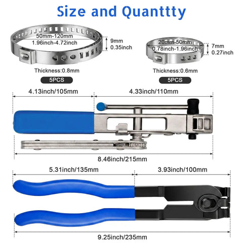 CV Joint Boot Clamp Pliers With Ratchet Adjust For Cars UTV ATV Repair, Heavy Duty Ear Type Clamp Crimping And Removal Tool, Telescopic Ratcheting Pliers With 18 Tooth Mechanism, Durable Automotive Clamp Tool For Easy Install. Dimensions shown with stainless clamps