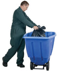 Blue Plastic Tilt Dump Cart With Half Cubic Yard Capacity And 450 Lb Load Rating Featuring Rust Resistant Steel Frame being filled with garbage bags.