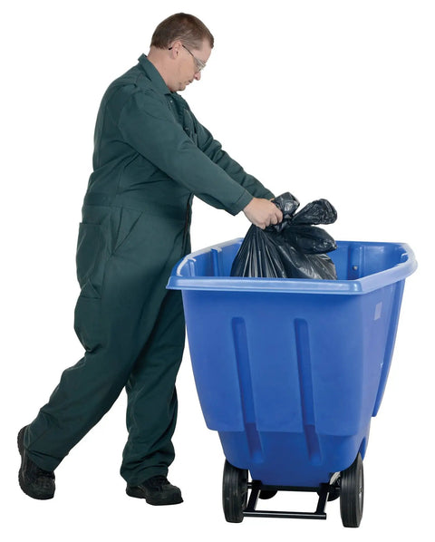 Blue Plastic Tilt Dump Cart With Half Cubic Yard Capacity And 450 Lb Load Rating Featuring Rust Resistant Steel Frame being filled with garbage bags.