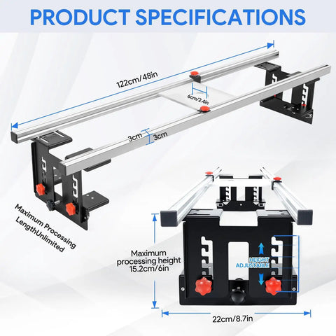 Diagram showing 48 Inch Adjustable Router Sled For Slab Flattening With Reinforced Rails, dimensions and adjustable features highlighted.