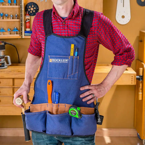 Heavy Duty Woodworking Shop Apron For Men With 17 Pockets, Adjustable Broad Shoulder Straps, worn in woodshop setting