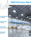 160W LED Linear High Bay Light for Warehouse and Shop Floor, 21600 Lumens, 2ft, 5000K Daylight, 120-277V, 0-10V Dimmable