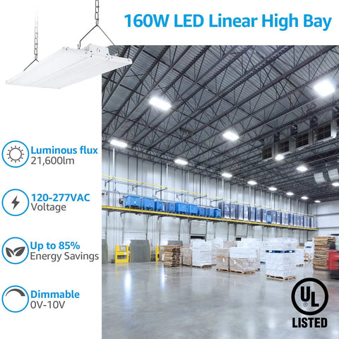 160W LED Linear High Bay Light for Warehouse and Shop Floor, 21600 Lumens, 2ft, 5000K Daylight, 120-277V, 0-10V Dimmable