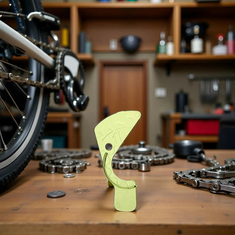 Rear Derailleur Adjuster And Chain Gap Gauge Tool for 12 Speed Eagle GX NX bikes on workbench with bike parts in workshop.