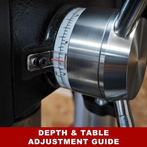 12 Inch Benchtop Drill Press With Six Pole Variable Speed 360 To 2000 RPM Three Quarter HP Power Bench Drill detail view of depth adjustment.