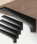 Heavy Duty Aluminum Shelf Brackets Built For The Shop Easy Snap Install For Garage Shelving And Workbenches Black sturdy brackets mounted under a shelf.
