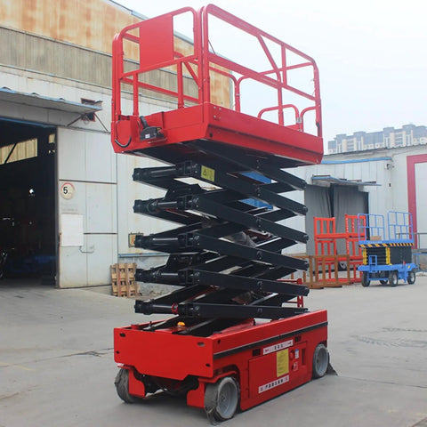 Heavy Duty Electric Hydraulic Lift Platform For Warehouse Vertical Cargo Transfer And Seamless Operation Engineered For Logistics Facilities With Rock Solid High Reach Equipment Handling Built Tough For Daily Grind, red scissor lift in warehouse.