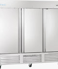 Top Shelf Heavy Duty Commercial Reach In Freezer With Three Solid Swing Doors And Rust Proof Stainless Steel Build Keeping Your Backroom Stock Chillin Smooth For Grocers Neighborhood Delis And Quick Stops 66 Cubic Feet 115 Volt Setup front view with three doors.