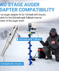 Two Stage Auger Drill Adapter For One Half Inch Chuck Fits Three Quarter Inch And Seven Eighths Inch Auger Shafts in use on ice