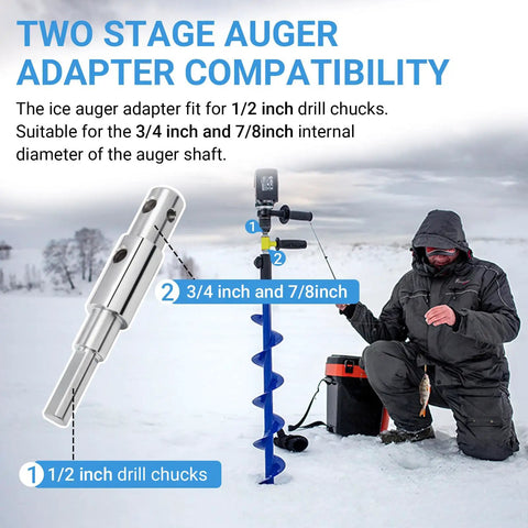 Two Stage Auger Drill Adapter For One Half Inch Chuck Fits Three Quarter Inch And Seven Eighths Inch Auger Shafts in use on ice