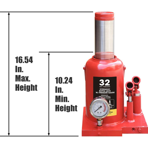 32 Ton Hydraulic Bottle Jack With Pressure Gauge And Slow Release, Welded Double Piston Car Lifting Jack, Red, 64,000 Lbs Capacity