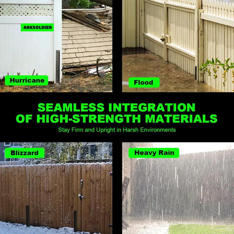 Heavy Duty Fence Post Repair Kit For 4x4 And 6x6 Wood Posts Quick Fix No Fuss With Steel Anchor And Stakes Thickened 11 Gauge shown in various weather conditions including hurricane, flood, blizzard, and heavy rain.