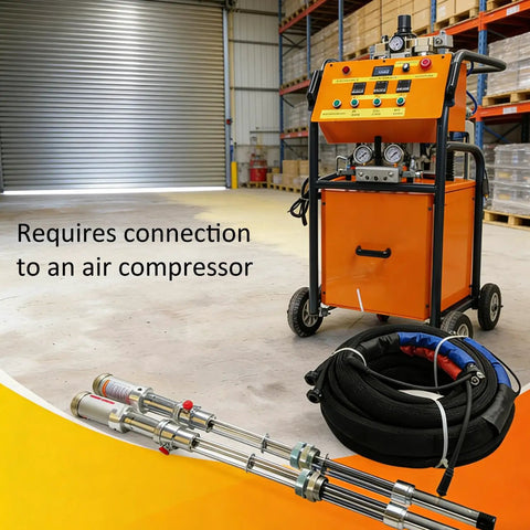 Industrial Grade High Pressure Polyurethane Foam Spray Machine With No Sweat Dual Pressure Gauges And Rapid 6.5KW Heating System For Wall Roof Insulation And Cold Storage Tank Foaming 110V with hoses and air compressor connection.