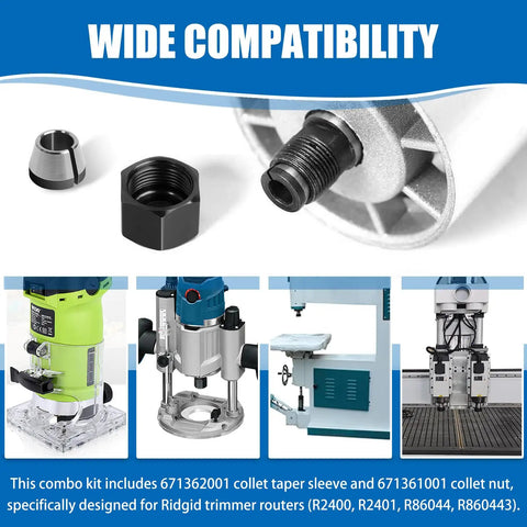 Router Collet Nut And Cone Sleeve Kit For Models R2400, R2401, R86044, R860443 2 Pack Replacement, wide compatibility shown.