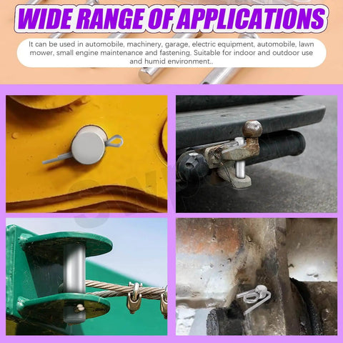 All In One Clevis Pin Kit With 51 Pieces In 18 Sizes M5 M6 M8 M10 M12 Zinc Plated Flat Head Pins Plus Cotter Pins shown installed in machinery and vehicles for fastener applications.