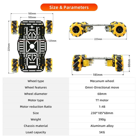 Omni Directional Mecanum Wheel Robot Chassis Kit With Four 60mm Wheels, Aluminum Alloy Frame, Top and Side View with Specs