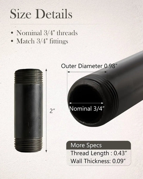 Size details for Ten Pack Three Quarters Inch By Two Inches Black Malleable Iron Pipe Nipples Fitting With Threaded Ends For DIY Steampunk Industrial Vintage Projects Ideal For Crafting Home Improvement Art Studios And Metalwork