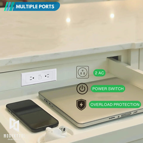Drawer Outlet Kit With Two AC Outlets, recessed power strip in white on desk with laptop and phone, showcasing multiple ports