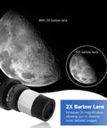 2x Barlow Lens from 7 Piece Telescope Eyepiece And Filter Accessory Kit With 1.25 Inch Eyepieces, showing moon magnification.
