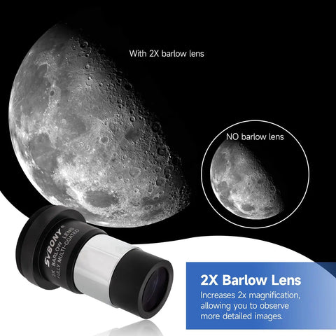2x Barlow Lens from 7 Piece Telescope Eyepiece And Filter Accessory Kit With 1.25 Inch Eyepieces, showing moon magnification.