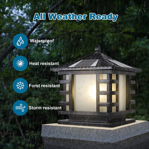 Dope Solar Column Lights IP65 Waterproof Outdoor Post Lamp showcasing weather resistance features in rain on a patio post