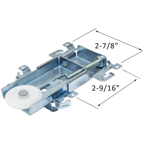 Premium 1-7/16 Inch Nylon Flat Edge Closet Door Roller Assembly for Steel Framed Mirror Doors showing dimensions and nylon wheel