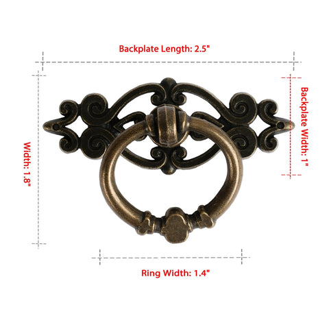 Antique Bronze Ring Pull Handles Set Of 8 With Ornate Backplates For Furniture Restoration, dimensions labeled