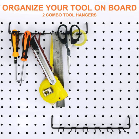 Sixteen Piece Pegboard Hook Set That Fits One Eighth And One Quarter Inch Boards hung with tools on a pegboard