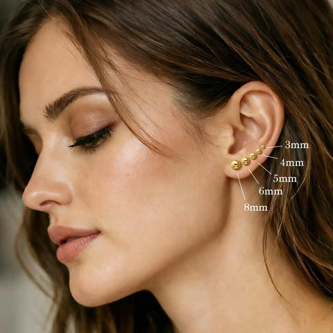 14K Gold Ball Stud Earrings For Women, Everyday Wear Go To Dainty Gold Earrings, Timeless Shine For Any Outfit, Comfortable Hypoallergenic Jewelry, Classic Gold Sparkle, Perfect Gift Idea, 3-8mm gold ball studs on ear