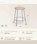 Sturdy Steel Round Stool With Masonite Wood Seat 24 Inch Height Grey Frame Preassembled 2 Pack For Classrooms Labs Cafes And Offices Heavy Duty Commercial Stool Built For The Daily Grind, showcasing dimensions and materials.