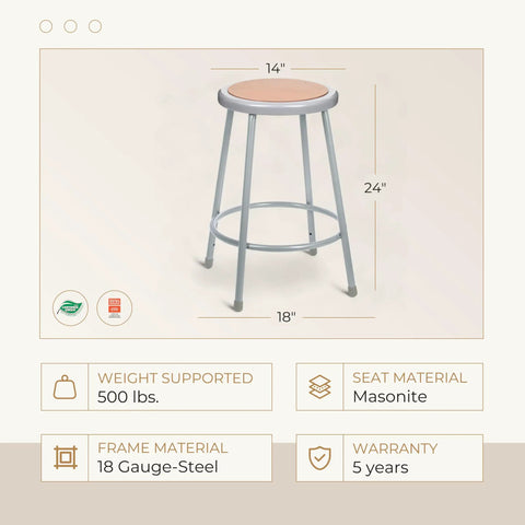 Sturdy Steel Round Stool With Masonite Wood Seat 24 Inch Height Grey Frame Preassembled 2 Pack For Classrooms Labs Cafes And Offices Heavy Duty Commercial Stool Built For The Daily Grind, showcasing dimensions and materials.