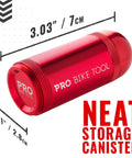 Red aluminum storage canister for Tubeless Bike Tire Repair Kit For MTB And Road Bikes With dimensions shown on image.