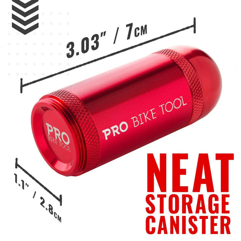 Red aluminum storage canister for Tubeless Bike Tire Repair Kit For MTB And Road Bikes With dimensions shown on image.