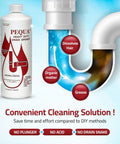 Heavy Duty Drain Opener 32 Oz bottle dissolving hair grease in drain pipe, fast-acting non-acid formula for blockages.